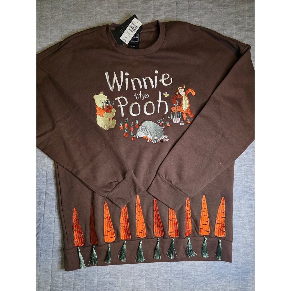1395 Disney BoxLunch Winnie the Pooh Homestead Tassel Crew Sweatshirt Brn LG NEW